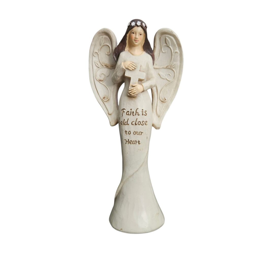 Faith Angel Holding Cross Inspirational Religious Figurine Ivory Brown Decor